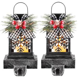 Therwen 2 Pcs Christmas Stocking Holders Lantern Christmas Stocking Hangers for Mantel Xmas Hooks Decorative Retro Light up Holders for Home Indoor Outdoor Decor(Snowflakes, Black)
