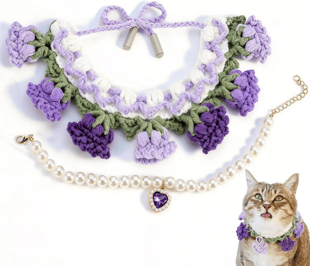 2Pack Knitted Cat Collar, Purple Knit Bib + Pearl Necklace