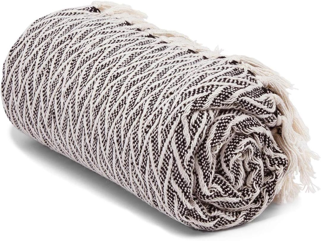 Americanflat 100% Cotton Throw Blanket for Couch - 50x60 in - All Seasons Neutral Lightweight Cozy Soft Blankets & Throws for Bed, Sofa or Chair. Indoor or Outdoor Use [Black Cream Chevron]