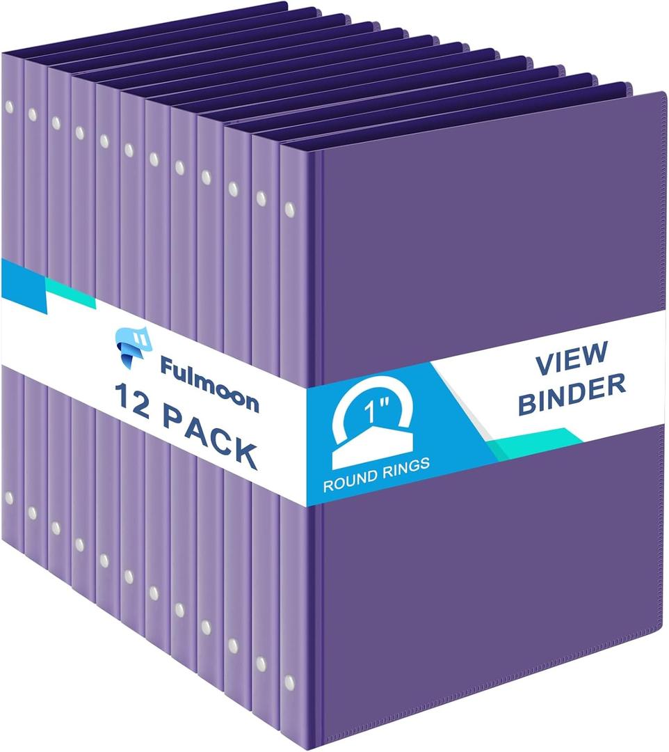 Fulmoon 12 Pcs Economy View 3 Ring Plastic Binder 12.2 x 9.8 Inch Plastic Round Ring Binders with Pockets Notebinder for Meetings for Home, Office, School(Purple, 1 Inch)