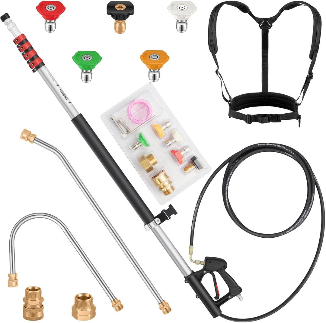 24 FT Gutter Cleaning Tools from The Ground - Telescoping Pressure Washer Wand - Gutter Cleaner Attachment with Power Washer Extension Wands, 5 Spray Nozzle Tips, 2 Hose Adapters and Support Belt