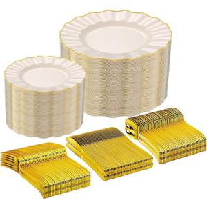 250PCS Ivory and Gold Plastic Dinnerware Set for 50 Guests, Elegant Fancy Disposable Party Plates Include 100 Dinner&Dessert Plates and 150 Silverware for Wedding Party Baby Shower