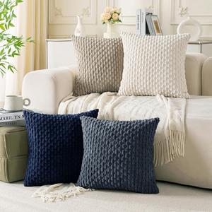 Cozoomy Set of 4 Navy White Taupe Decorative Throw Pillow Covers 18x18 Inch Corduroy Pillow Covers for Bed Couch Sofa Living Room Soft Square Cushion Cases
