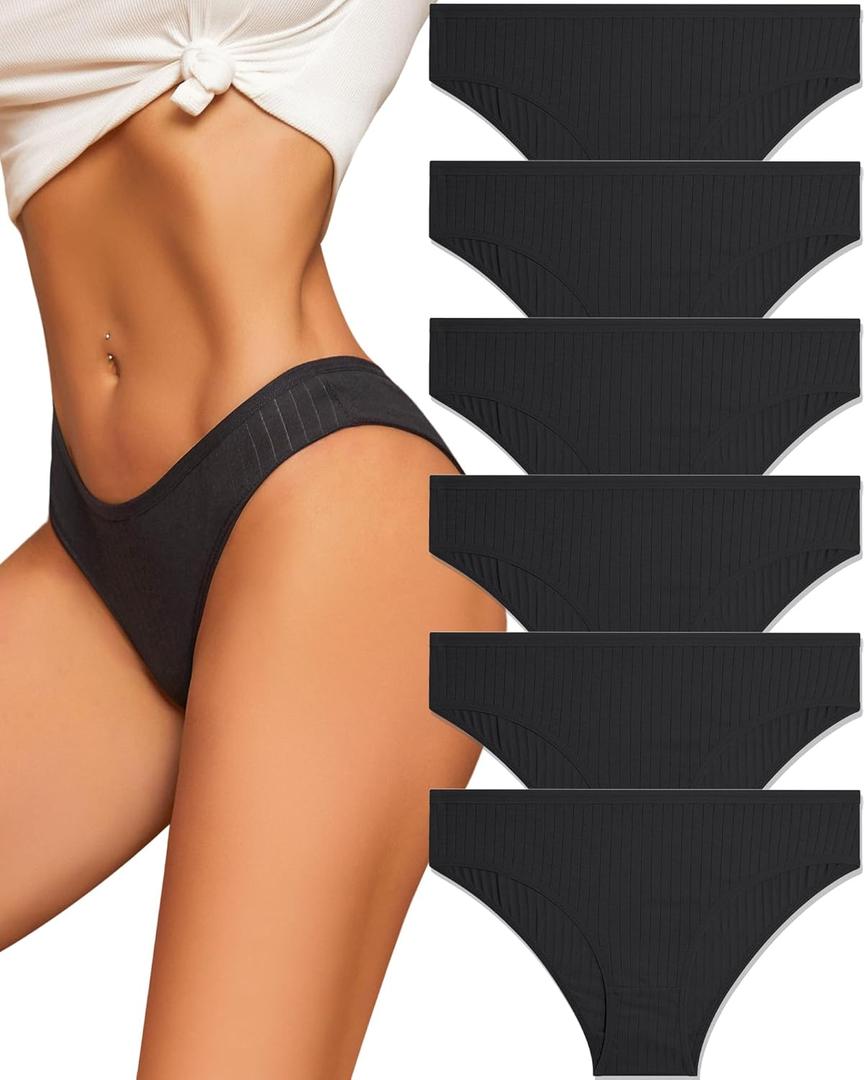 FINETOO Cotton Underwear for Women Sexy Low Rise Ribbed Hipster Breathable Soft Womens Bikini Girls Panties Cheeky S-3XL (Black)