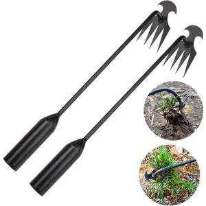 WMM Weed Puller Tool Gardening Tools Set of 2 Uprooting Weed Pulling Tool, 4 Teeth Manganese Steel Forged Weeding Tool for Vegetable, Portable Hand Weeder Tool for Garden Farm Planting Weeding (Black 15.75+15.75in)