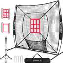 BAGAIL 7x7 ft Baseball & Softball Practice Net with Bow Frame for Batting, Hitting, Pitching, Portable Baseball Throwing Net with 2 Strike Zone Batting Tee, Carry Bag, Great for All Levels (Black)