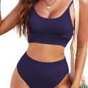 Herseas Womem 2 Piece High Waisted Bestselling Bikini Set Color Block Swimsuit 2025 Summer Beach Swim Bathing Suit (Large, Dark Blue)