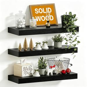 YIPINMUGE Solid Wood Floating Wall Shelves, Wall Mounted Display Bookshelf for Bedroom, Bathroom, Kitchen, Living Room, Decor Wall,Floating Shelf (Black, 35.8'W *9.25" D*1.57" H,Set of 2)
