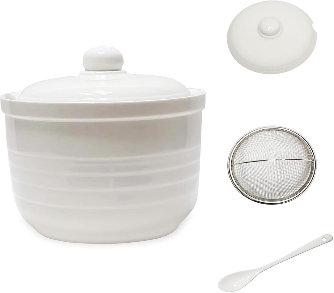 Ceramic Bacon Grease Container with Stainless Steel Strainer,Cooking Oil Storage Can 17oz(White), Medium