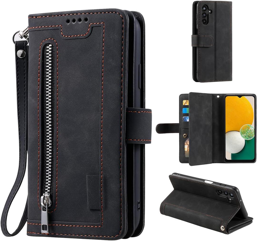 EYZUTAK Wallet Phone Case for Samsung Galaxy A15 4G/5G, Retro Matte 9 Card Holder Slots Zipper Pocket Handbag Case PU Leather Magnetic Closure Kickstand with Wrist Strap Flip Folio Purse Case - Black