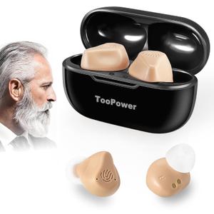 Hearing Aids For Seniors, Rechargeable, Noise Cancelling, OTC Digital Devices, Super Natural Sound, 3 Modes, 5-Level Adjustable Volume, Dual Microphone, No Whistling Sound, Beige & Black