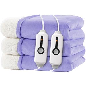 Electric Heated Blanket King Size 90"x100" - Dual-Sided with Microplush & Sherpa Fabric, 4 Heat Settings & 10 Hours Auto Off, Dual Controller, Machine Washable - Light Purple