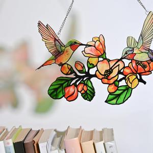 Hummingbird Stained Glass Handmade Hanging Decor, Sun and Light Catchers for Windows Colorful Stars Panel with Metal Chain, Great Gifts Idea for Women 14 * 11 inches