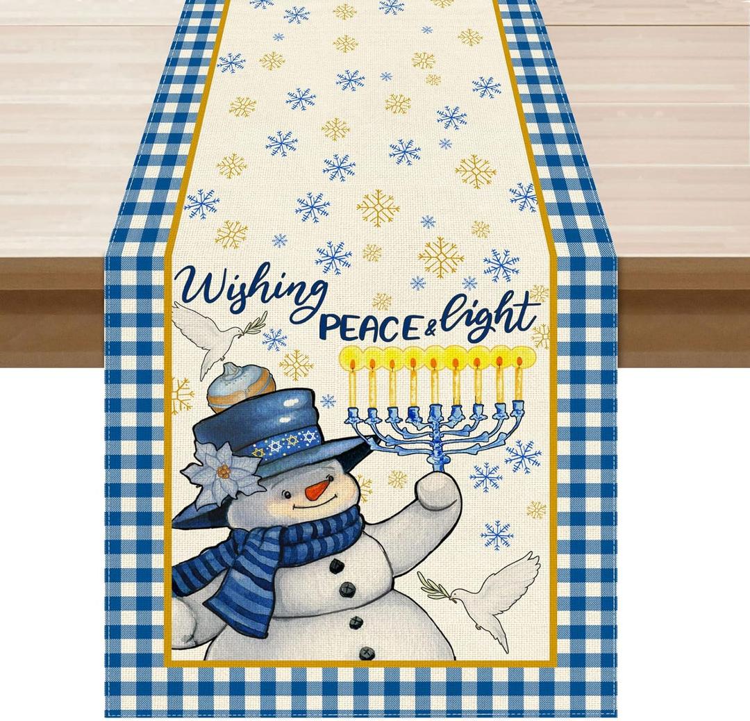 XCHI Hanukkah Snowman Chanukah Menorah Doves Snowflakes Table Runner Table Decoration for Party Home Kitchen Dining Holiday Decor 13x108 Inch