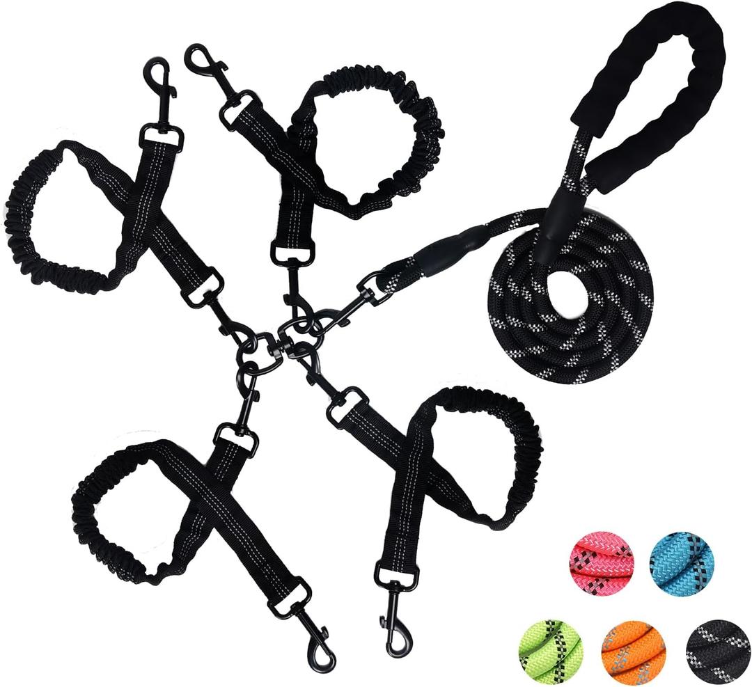 4 Way Dog Leash,No Tangle for Four Dogs, 3 in 1 Dog Leash with 360 Swivel, Shock Absorbing, Reflective Threads Comfort Foam Handle, Ideal for Small Dogs and Dog Training (Black, 4 Way)
