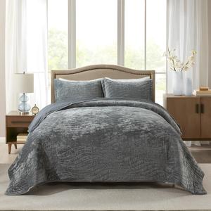 Travan Luxury Velvet Quilt Set King Size, Ultra Soft Velvet Bedding Sets, Lightweight Quilted King Quilt Bedding Set, Oversized Bedspread Coverlet with 2 Shams for All Season, Gray (KING/CAL.KING (106"x98"))