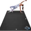 Gorilla Mats Premium Large Yoga Mat  7' x 5' x 8mm Extra Thick & Ultra Comfortable, Non-Slip Barefoot Exercise Mat  Works Great on Any Floor for Stretching, Cardio or Home Workouts (Onyx Black Mat with Gray / Blue Towel, 2 Storage Straps and Carry Bag)