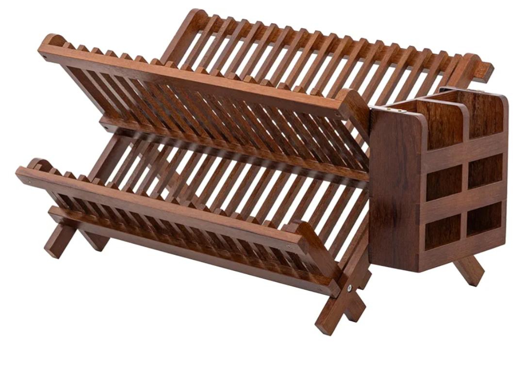 HBlife Dish Rack,Teak Folding 2Tier Collapsible Drainer Dish Drying Rack with Utensils Flatware Holder Set