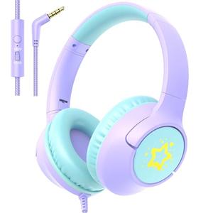 Kids Headphones with Cord, 85/94dB Volume Limit, Wired Over-Ear Girls Headphones for Kids with Microphone, 4.9ft Long No-Tangle Cord, Stereo Sound 3.5mm Plug for Kindle Tablet School Travel, Purple