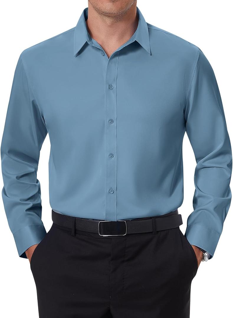 DEMEANOR Stain Shield Dress Shirts for Men Slim Fit Button Down Dress Shirts Long Sleeve Shirt Formal Business Stretch (Medium, Dusty Blue)
