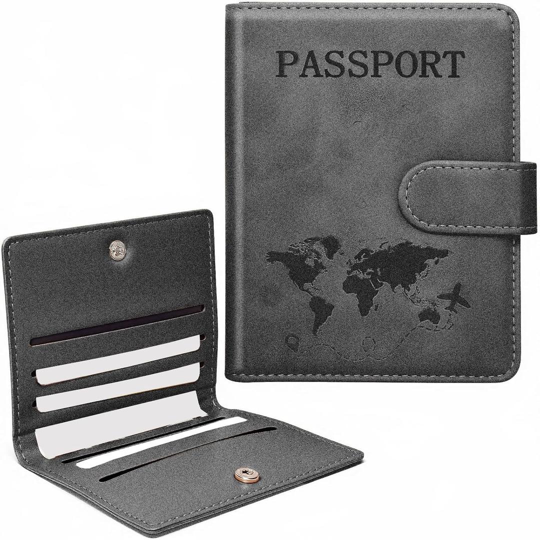 2 Pack RFID Passport Holder and Leather Card Case Set - Travel Essentials for Women & Men (Black)