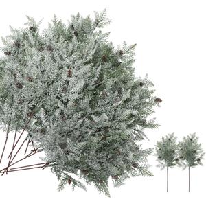 Giegxin 24 Pcs 18 Inch Large Christmas Snowy Artificial Cedar Picks with Pine Cones Frosted Pine Branches Faux Christmas Tree Picks and Sprays Fake Greenery Stems for Wreath Floral Crafts Home Decor