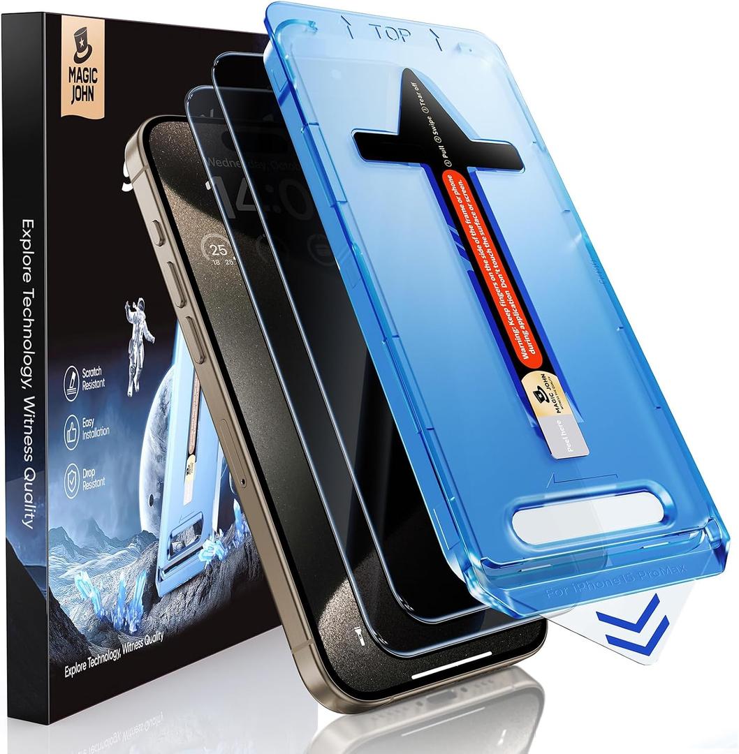 MAGIC JOHN 2 Pack for iPhone 15 Pro Max 6.7 inch Privacy Glass Screen Protector, Auto Dust-Elimination Installation, Bubble Free, Easy Installation