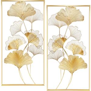Lulu Home Metal Wall Decor, 39"X 20" Golden Ginkgo Leaves Metal Wall Decor with Frame, Gold Metal Art Wall Sculpture for Living Room, Office, Study, Large