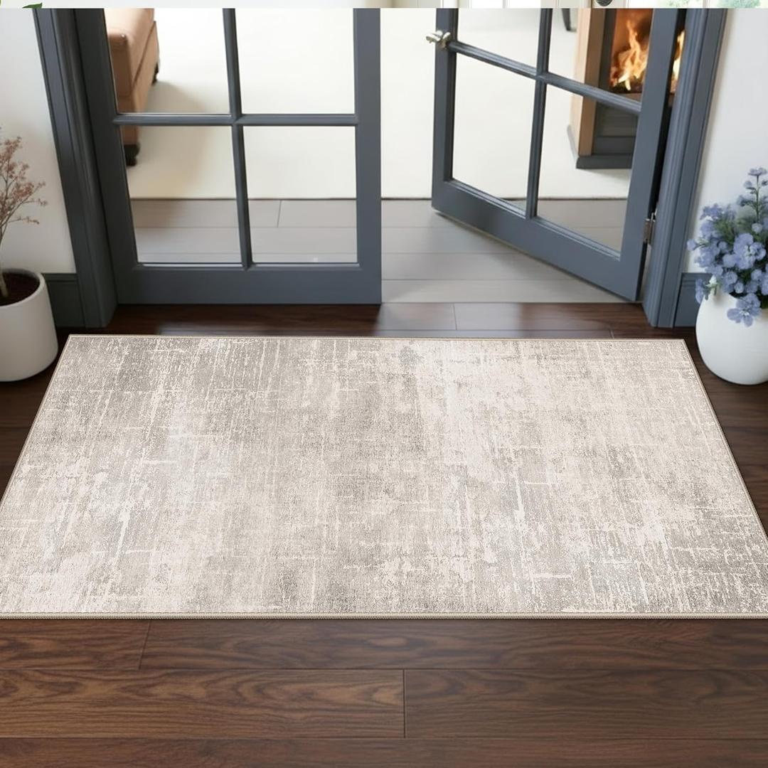 Washable 2x5 Kitchen Runner Rug: Abstract Water Resistant Sink Stove Entryway Rug Soft Living Room Bedroom Beside Carpet Thin Low Pile Non-Slip Hallway Bathroom Laundry Room Floor Mat,(2x5,Beige/Cream)