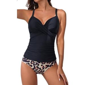B2prity Women's Ruched Tankini Swimsuits V Neck Wrap Tie Back Two Pieces Bathing Suit Tummy Control Swimwear, L