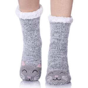 MQELONG Womens Super Soft Cute Cartoon Animal fuzzy Cozy Non-Slip Winter Slipper Socks (Gray Cat)