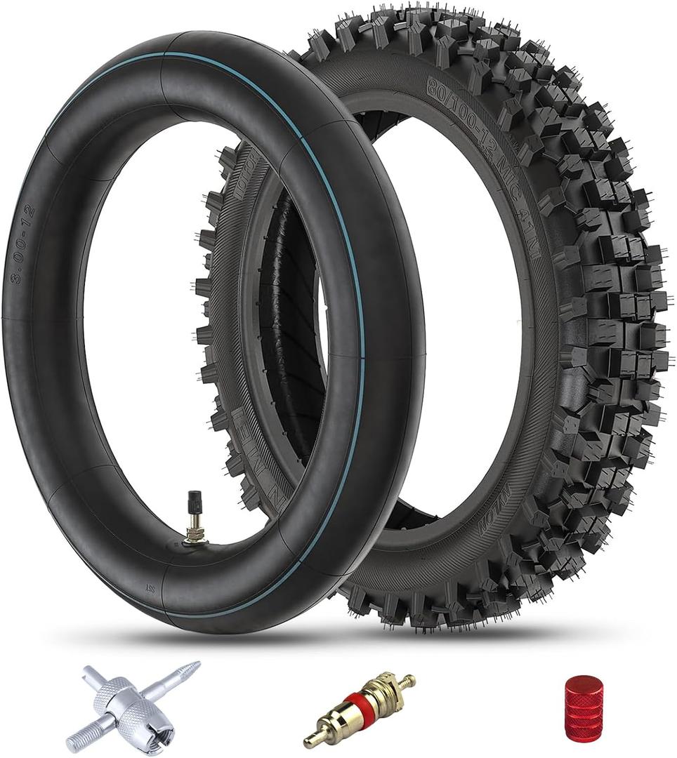 Rear 80/100-12 3.00-12 Tire and Inner Tube,80-100-12 Dirt Bike Tire Compatible with 90cc 110cc 125cc Honda XR70 CRF70 Yamaha PW80 TTR90 KX65 Taotao DB14 Coolster QG214 Tuttio Off Road Motorcycle