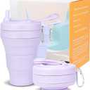 Collapsible Travel Cup - Lilac,20oz/600mlLeak-Proof Reusable To-Go Pocket Size Silicone Bottle for Hot & Cold Drinks - Camping & Hiking - Dishwasher Safe- Straw included