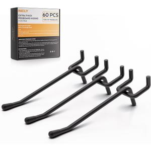 INCLY 60 Pack 4 Inch Black Pegboard Hooks, 1/4" Heavy Duty Peg Board Shelving Hooks Accessories, Peg Board Tool Hangers Only Fit 1/4" Pegboard Hanging Tools Garage, Craft Organizing, Kitchen, Store
