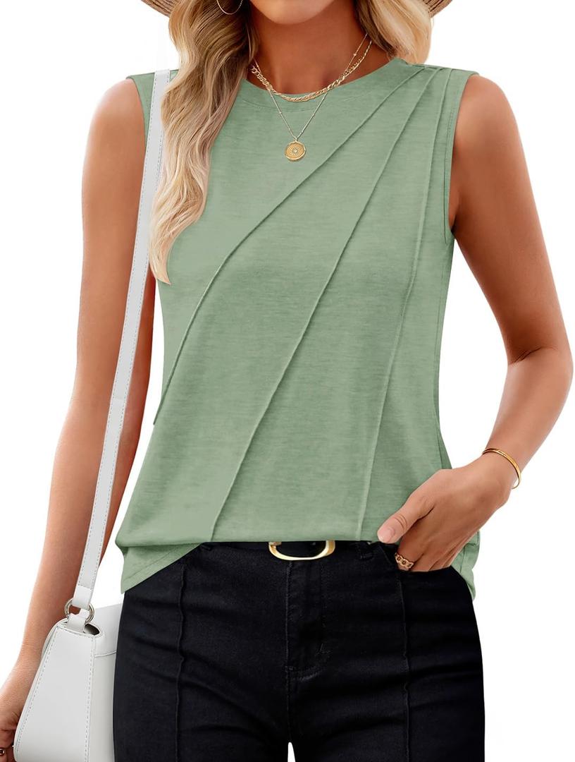 ZESICA Women's Summer Going Out Tops Sleeveless Crewneck Pleated Tank Top | Basic Solid Color Loose Shirts, Soft Breathable, Casual Business Work Office Outfits, 2026 Boho Fashion Trendy Clothes (L)