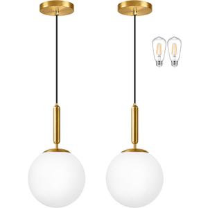 10" Gold Modern Globe Pendant Light 2 Pack Mid Century Pendant Lights with Milky White Glass Hanging Light Fixture for Kitchen Island Dining Room Bedroom Living Room Entryway(Bulbs Incl.)