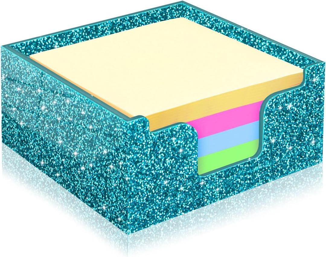 Rouidr Acrylic Sticky Note Holder, Self Stick Note Pad Holder, 3.94 x 3.94 Inch Glitter Memo Pad Dispenser Organizer for School Office Home Desk Supplies, Teal