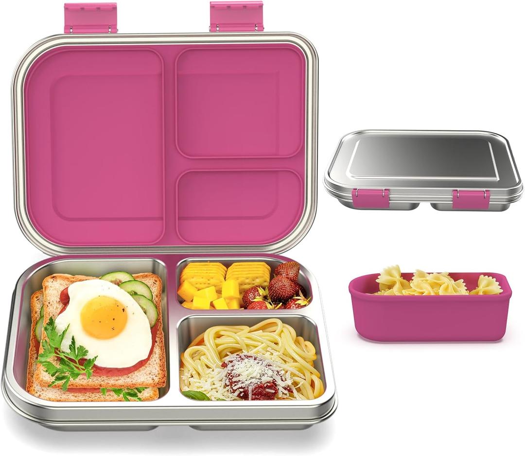 BABHAMNESS Stainless Steel Bento Box Kids, 3 Compartments Leak Proof Metal Bento Lunch Box, 304 Stainless Steel Bento Lunch Containers for School and Office,Dishwasher Safe, BPA-Free-Pink