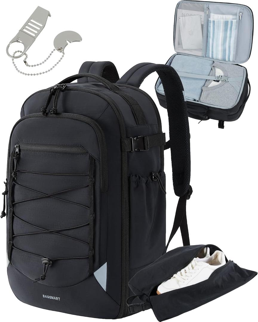 BAGSMART Carry On Travel Backpack, 17.3 Inch Large Travel backpack Carry On Flight Approved, Personal Item Backpack Travel Bag With Shoe Bag, 27L Water Resistant Casual Daypack, Black