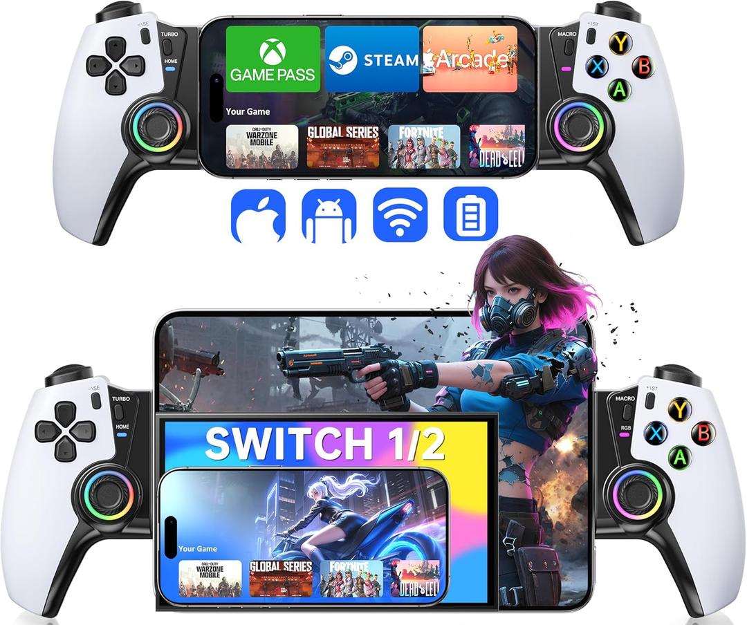 Mobile Gaming Controller for iPhone 15/16 Series/Android/Switch 2/Switch/OLED/iPad Mini, Wireless Phone Controller with Hall Joysticks/Hall Triggers/LED, Support Xbox Cloud, Steam Link, Call of Duty
