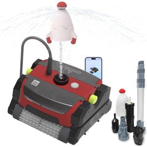 Robotic Pool Vacuum Cleaner, Wall-Climbing, 360 Kink-Free Patented Tech, 150W Strong Suction, Top-Mounted Large Filter, 56ft Cord, with Underwater Fountain & Rocket Toy Launcher, Red