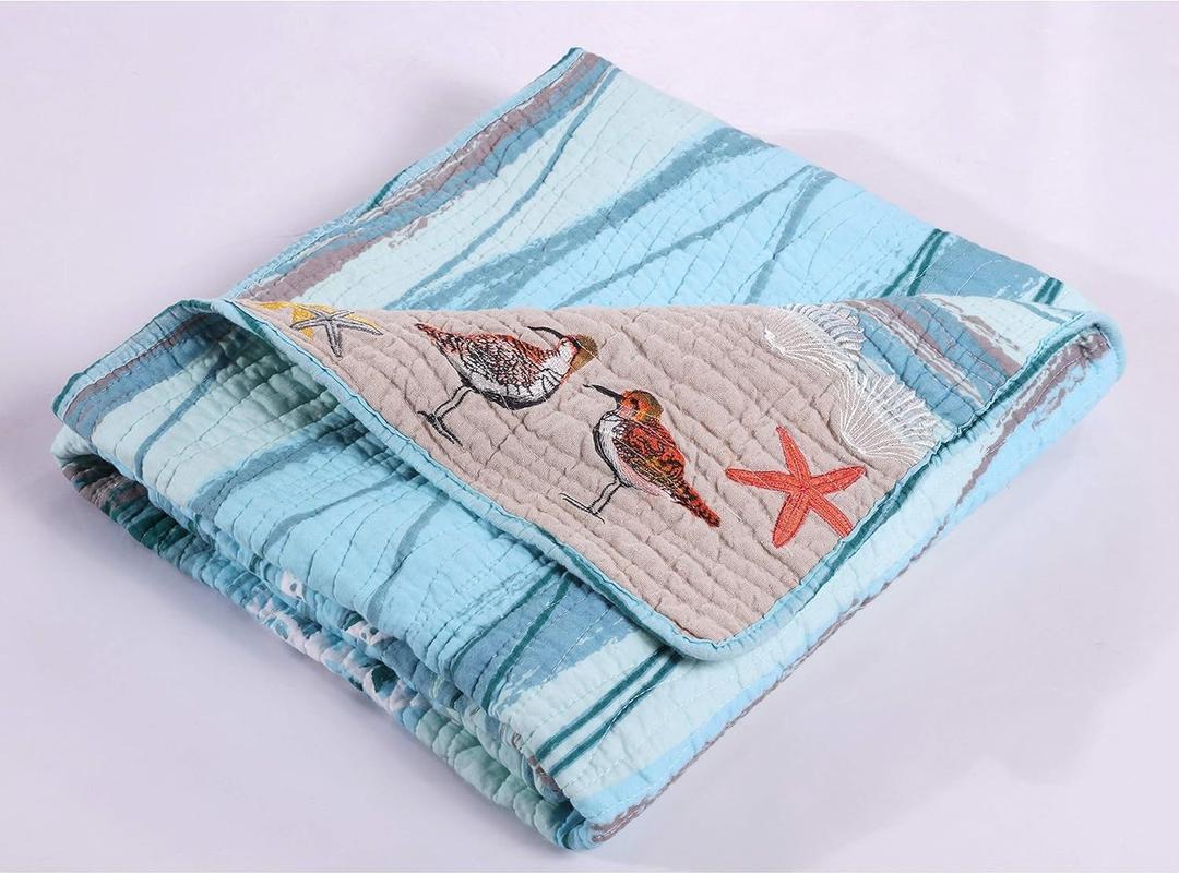 Maui Embroidered Cotton Throw Blue Brown Green Animal Print Nature Nautical Coastal Microfiber Reversible
