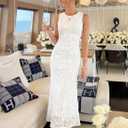 ZESICA Women's Sleeveless Floral Bodycon Maxi Dress 2026 Summer Ruched Mesh Wedding Guest Cocktail Party Dresses (White, XL)