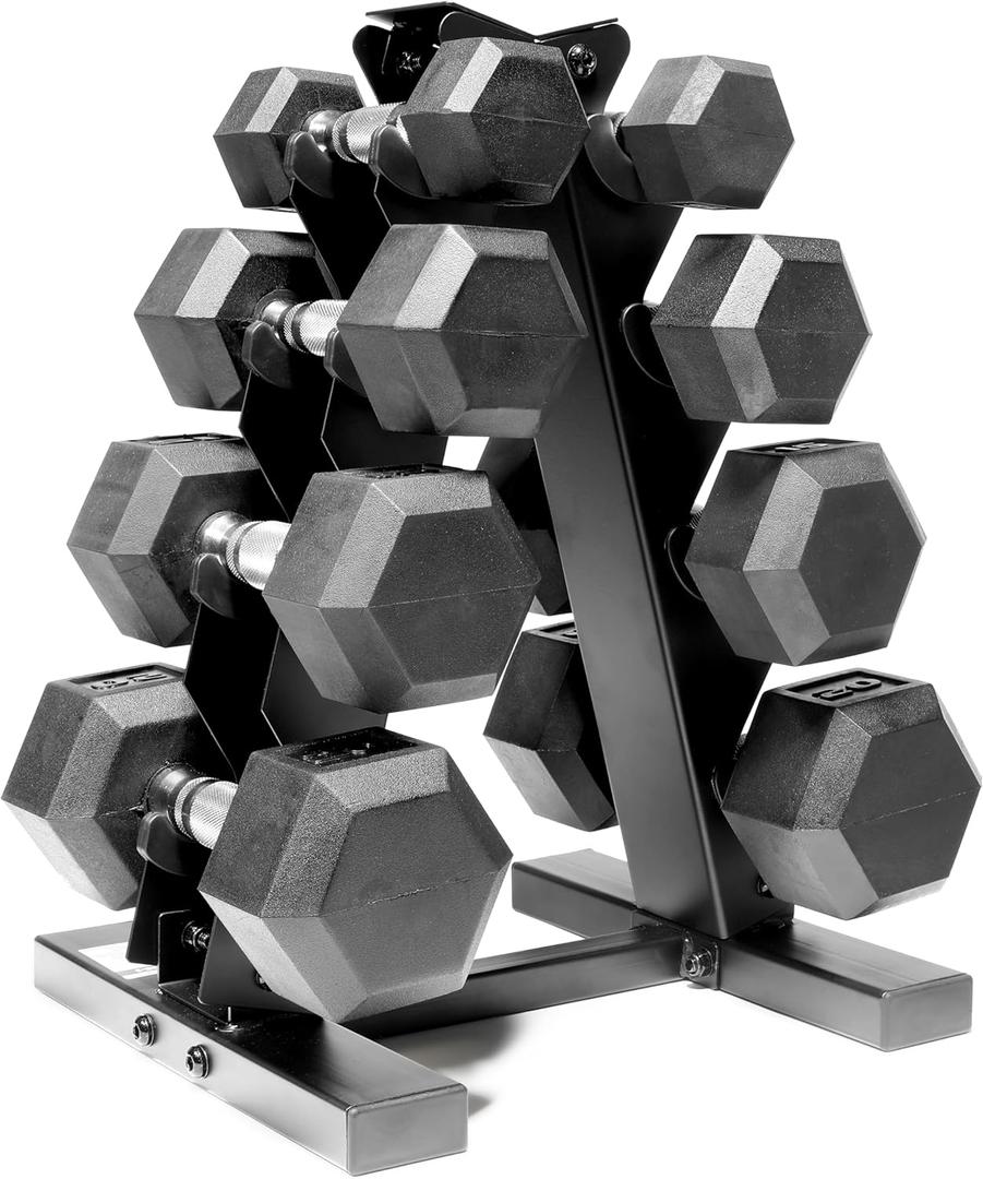 CAP Barbell Rubber Coated Hex Dumbbell Set with Storage Rack | 100210 lb Options, Space-Saving Vertical Compact Storage for Home Gym Strength Training