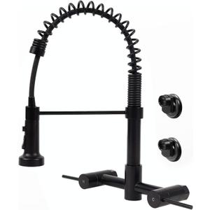 Wall Mount Kitchen Faucet, 8 Inch Center Wall Mount Faucet with Pull Down Sprayer, Commercial Spring Wall Faucet for Kitchen Sink, 3 Functions, Dual Handle, 304 Stainless Steel, Matte Black (Matte Black)