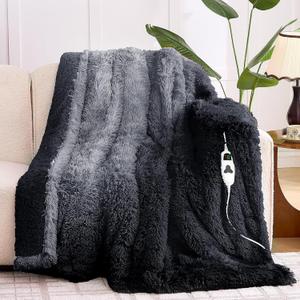 Heated Electric Blanket ThrowFaux Fur with Soft Thick Sherpa,Warm Winter Birthday Gifts for Women Grandma10 Heat Settings,5 Time Settings with Fast Heating, 50x60, Midnight Black