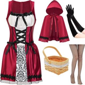 Halloween Costume for Women, Adult Red Dress with Cape Basket Gloves and Net Tights Accessories (Large)