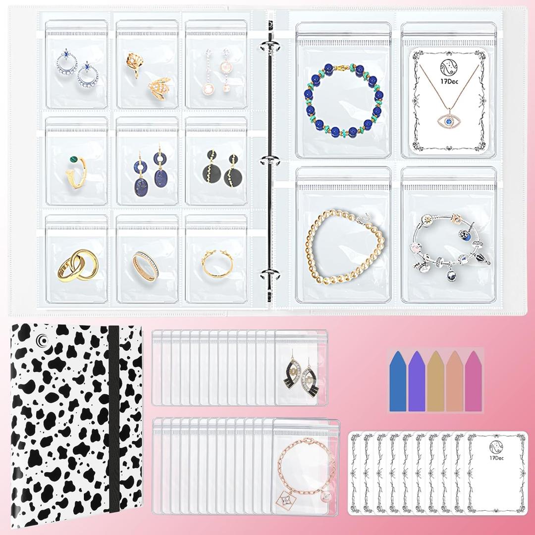 Large Transparent Jewelry Storage Book with 300 Pockets and 50 Jewelry Pouches,Travel Jewelry Organizer and Storage,Jewelry Binder Organizer for Earring,Bracelet,Necklace (300 Grids+50 pvc bags,Cow spot)