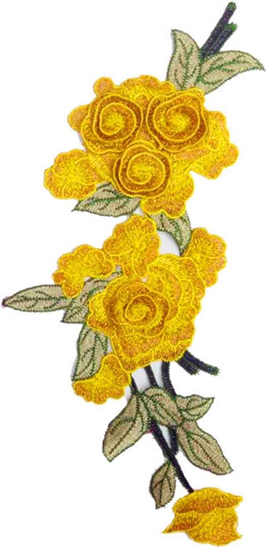 MSCFTFB 4 Pieces 3D Long Rose Flower Embroidered PatchSew on Patches Applique Sewing Crafts Kit for Clothes Jeans Jackets Bags DIY Embellishments Decorations (Yellow)