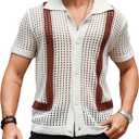 Verdusa Men's Cuban Crochet Shirts Short Sleeve Knit Shirts Casual Button Down Knitted Top Sweater Apricot and Brown Medium